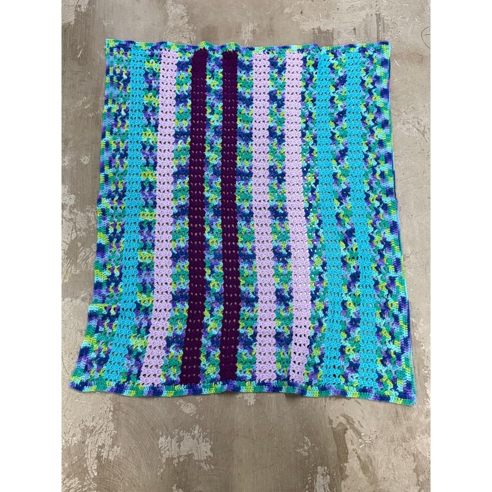 Handmade Crochet Blanket Unisex 36x40 Purple Teal Excellent Striped Afghan
